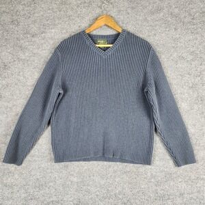 Eddie Bauer Mens Large Blue Cotton Ribbed V-Neck Sweater Long Sleeve Solid Knit